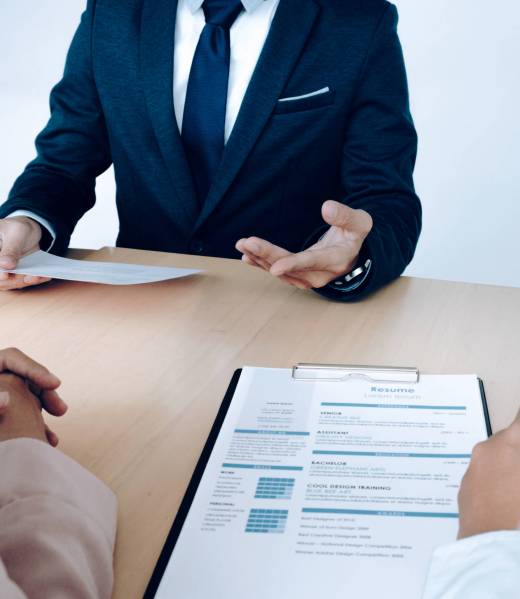 Business situation, job interview concept. Job seeker present resume to managers.